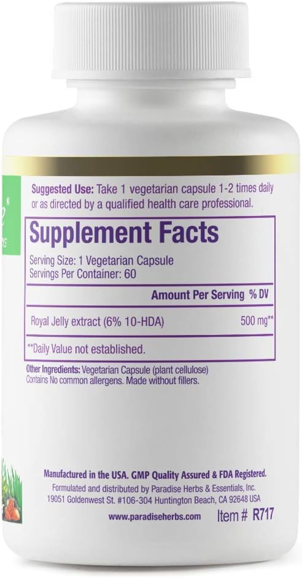 Paradise Herbs Royal Jelly Golden Emperor – Ultra Pure, Vegan, Gluten Free, Non-GMO | 60 Count Vegetarian Capsules