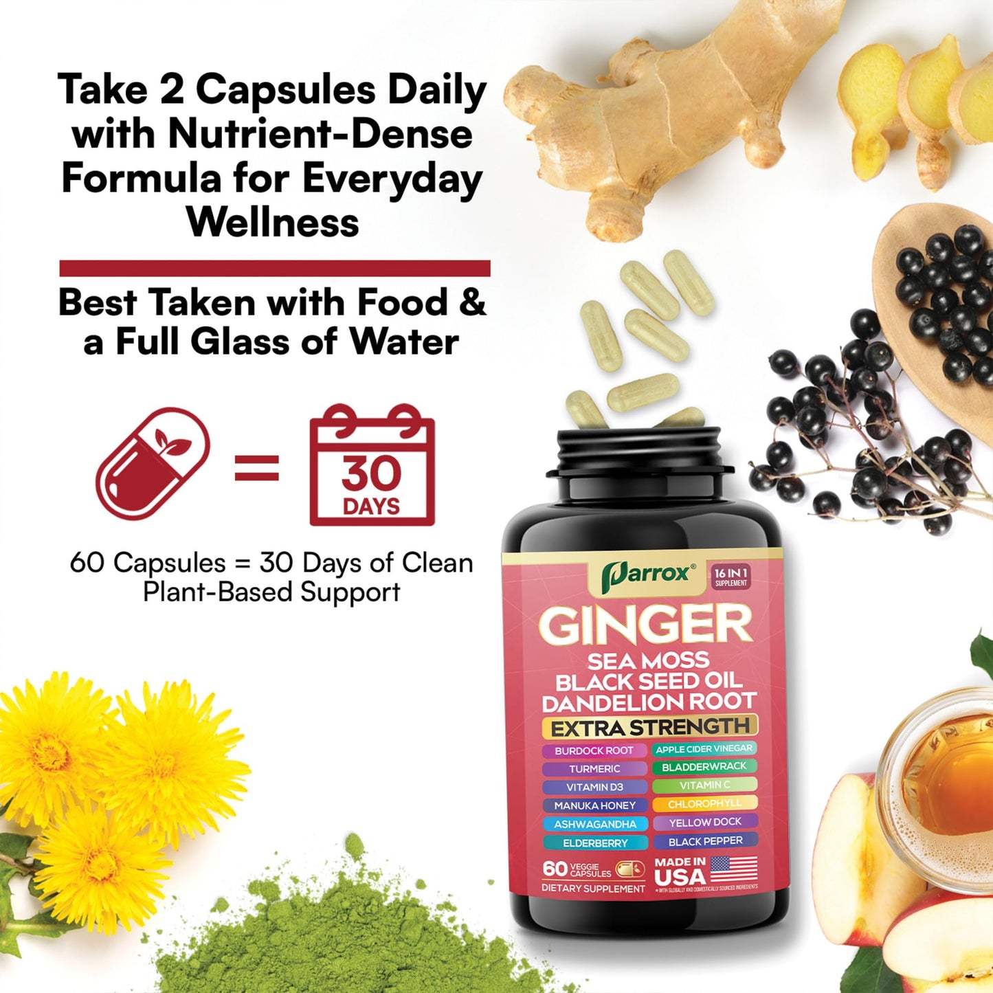 Parrox Ginger 16-in-1: Ginger, Turmeric, Sea Moss, Black Seed Oil – 60 Capsules