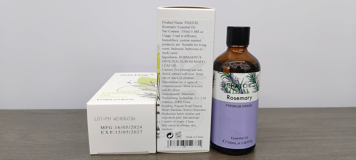 PHATOIL Rosemary Essential Oil 100ml (3.38 fl oz) for Aromatherapy Diffusers, Candles & Soap