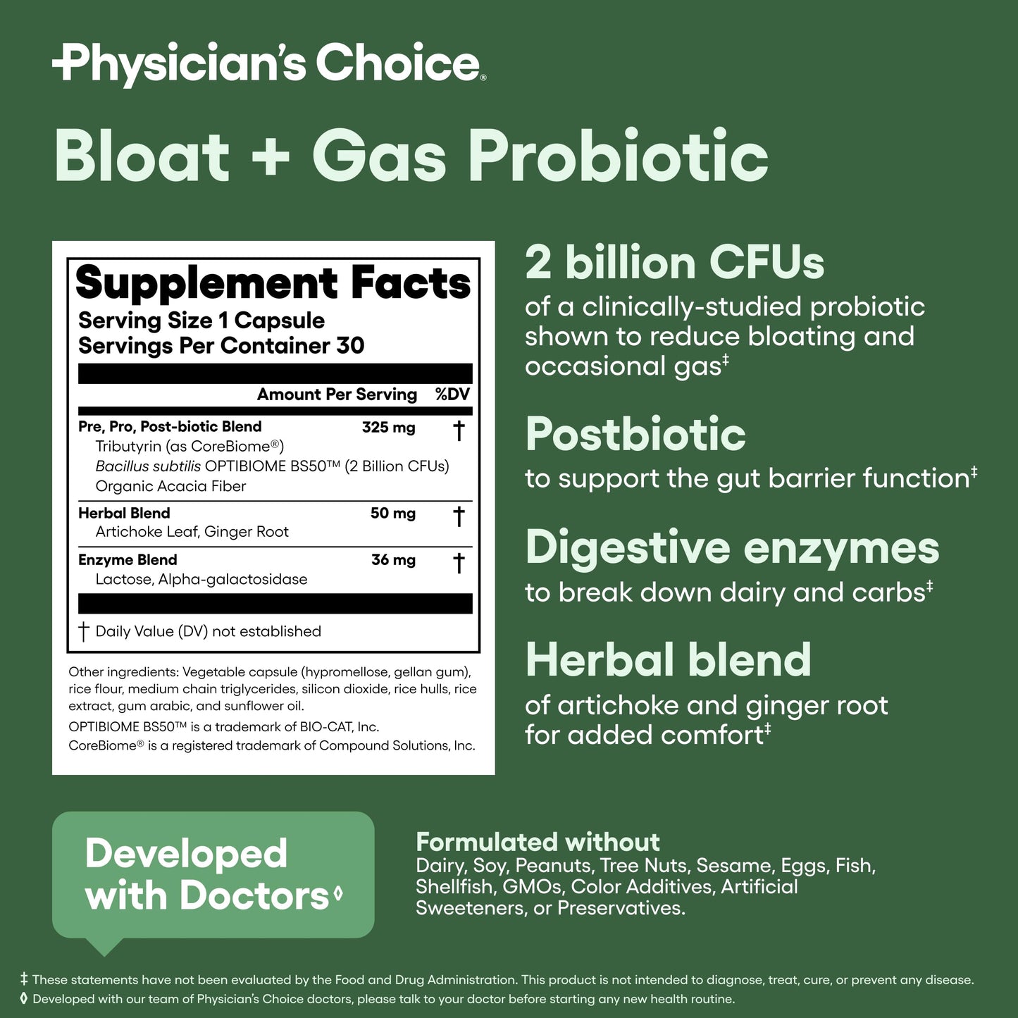 Physician's CHOICE Bloat & Gas Probiotic 30ct — 5-in-1 Digestive Support