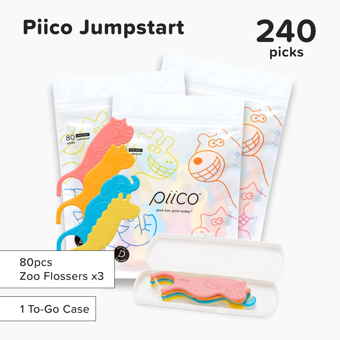 Piico Unflavored Kids Floss – No Fluoride Dual-Line Dental Floss Picks | 240 Count Zoo & Travel Case
