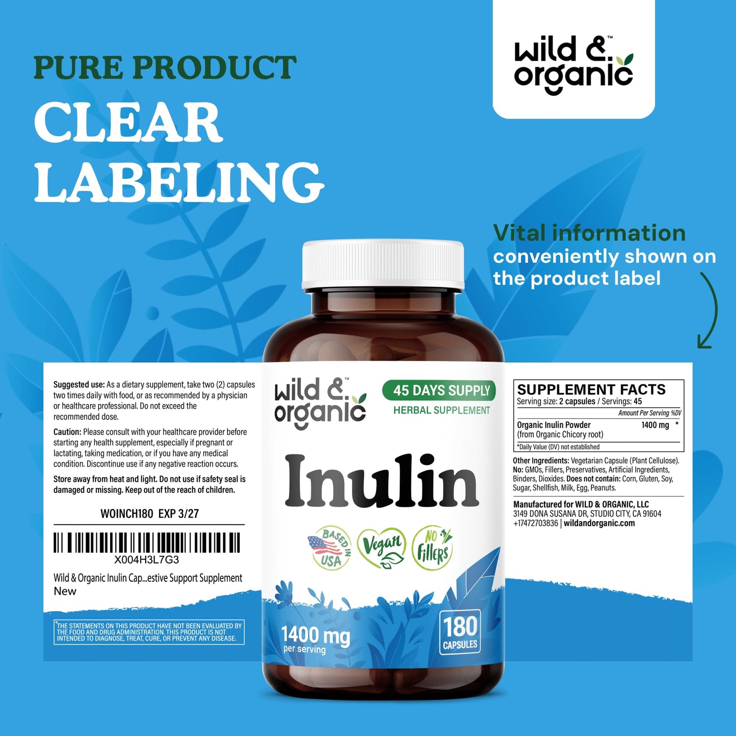 Wild & Organic Inulin Capsules 1400 mg – Vegan Prebiotic Fiber (Chicory Root) – 180 Capsules