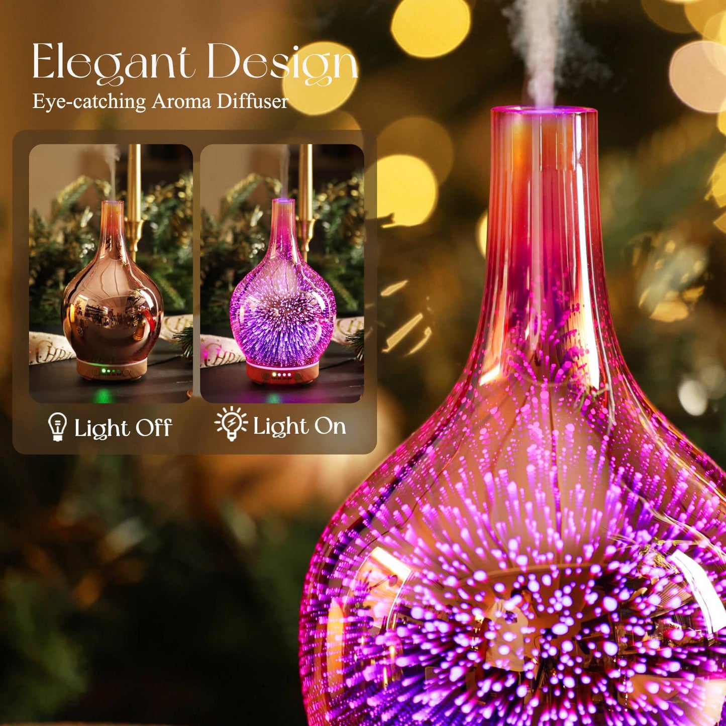 Porseme Rose Gold 150ml Glass Essential Oil Diffuser - 3D Firework Cover, Waterless Auto-Off