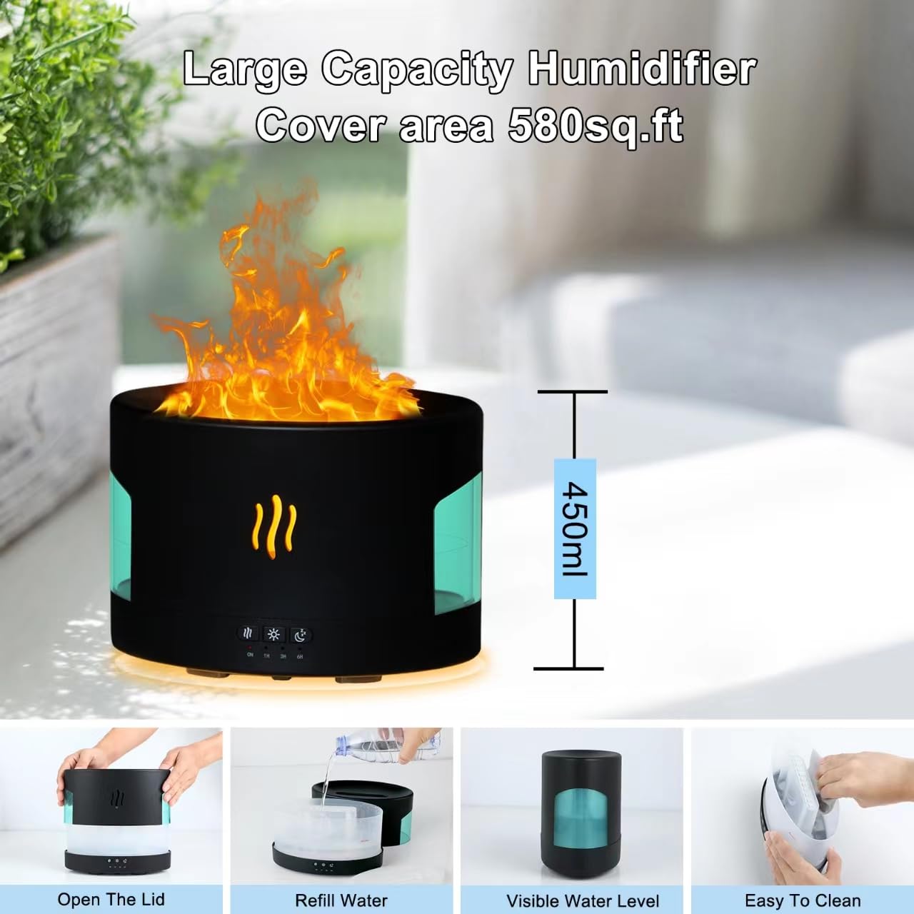 POSVIU 450ml Oil Diffuser with Bluetooth Speaker – Flame Humidifier for Home