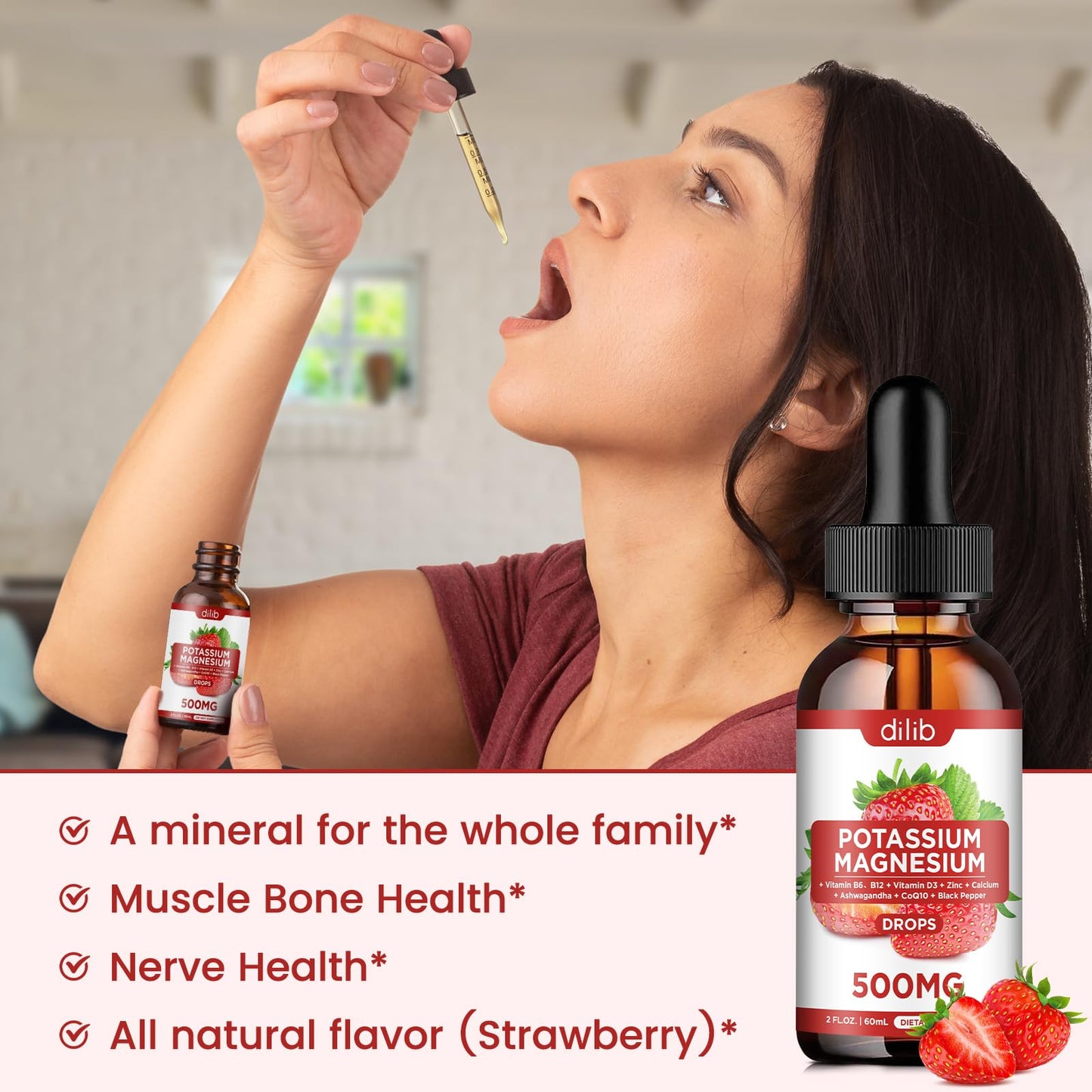 Potassium Magnesium Citrate Liquid Drops 500mg – Ashwagandha, Calcium, Zinc, Vitamin D3, B6, B12, CoQ10 | Vegan 2 fl oz