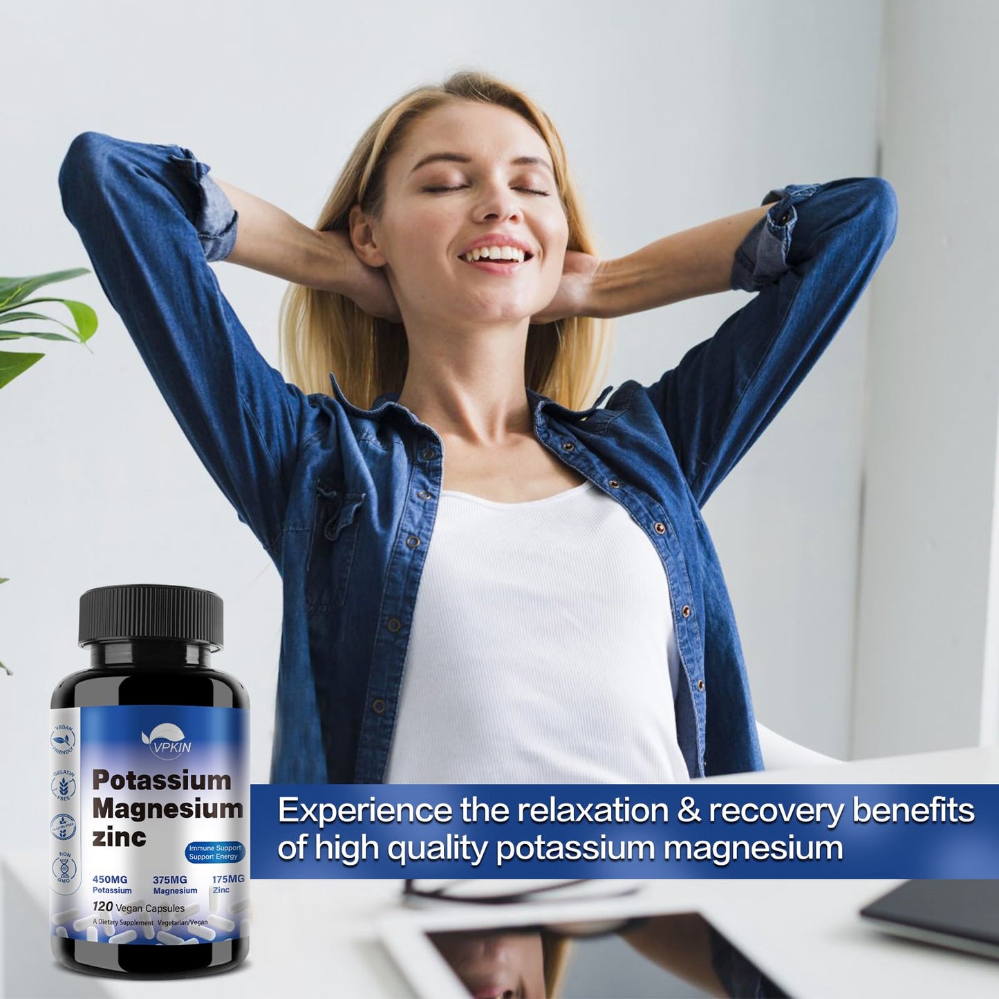 Potassium Magnesium 1000mg Supplement – Vegan, Non-GMO, 120 Capsules