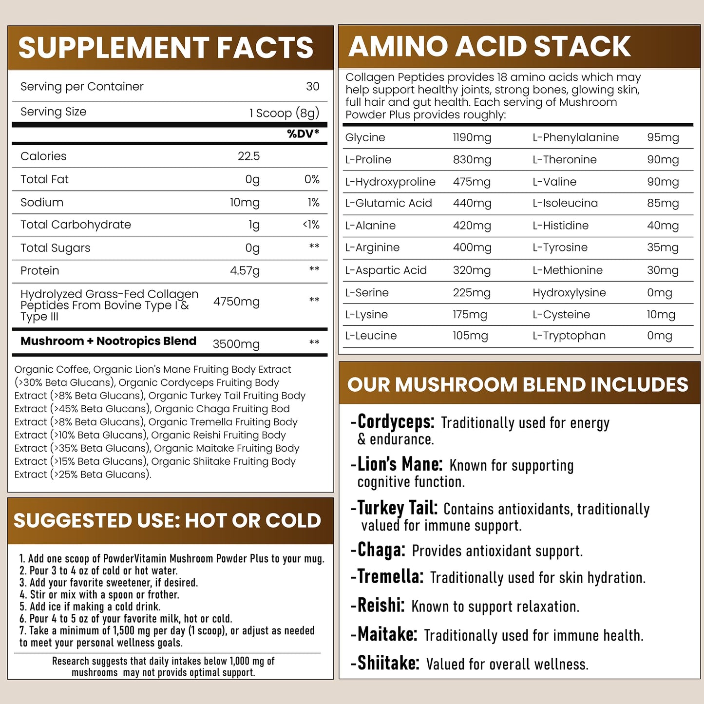 PowderVitamin Organic Mushroom Coffee with Grass-Fed Collagen Energy