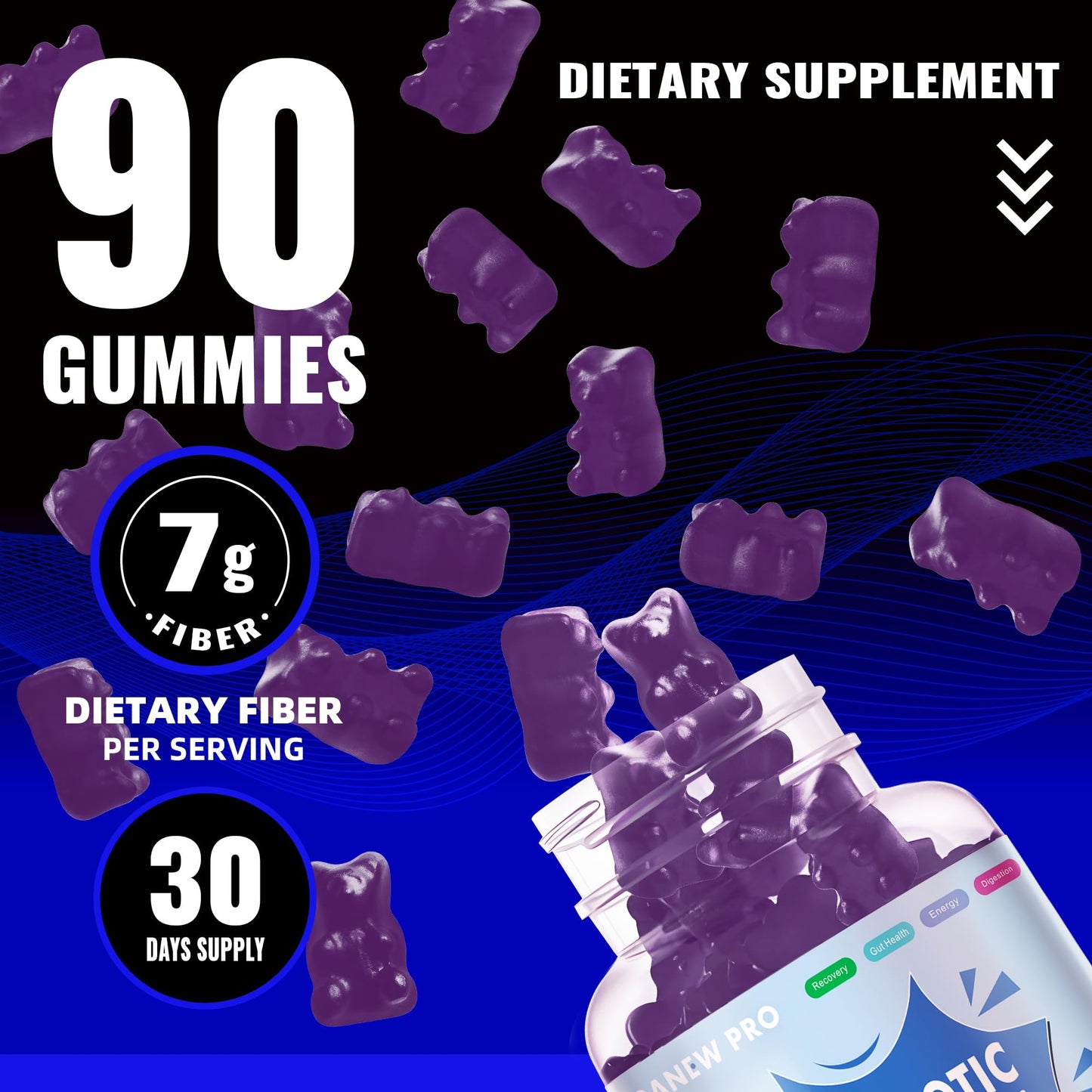 Prebiotic Fiber Gummies for Adults – 7g Per Serving, Zero Sugar Added, 90 Gummies per Bottle, Pectin Based, Blueberry Flavor – 2-Pack