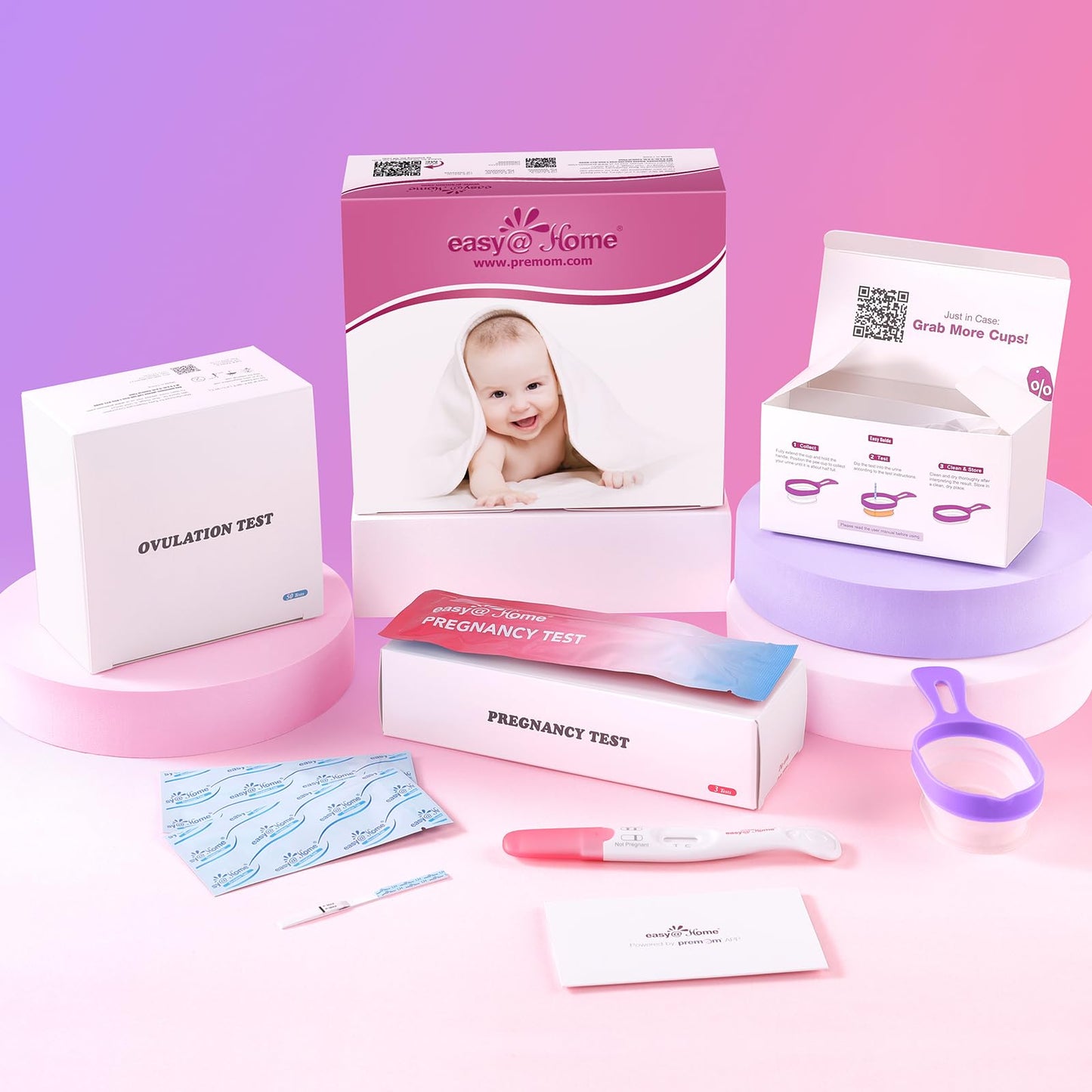 Easy@Home Ovulation & Pregnancy Test Kit – 50 Strips, 3 Tests, 2 Collapsible Cups for TTC