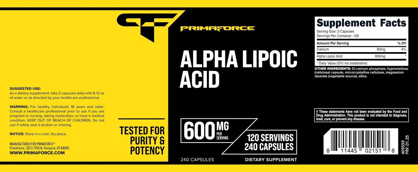 Primaforce Alpha Lipoic Acid 600mg – 240 Capsules, 120 Servings