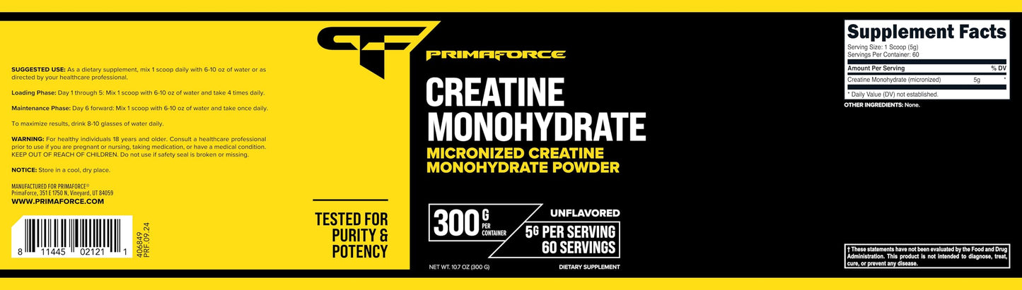 Primaforce Creatine Monohydrate Powder 300 Grams - Micronized, Gluten Free, Non-GMO
