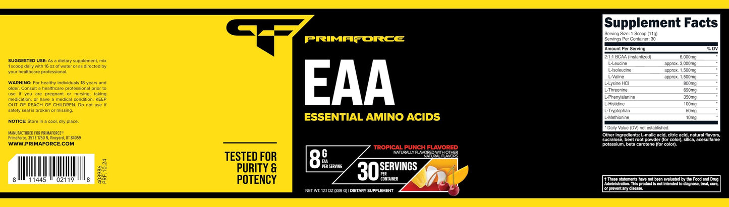 Primaforce EAA Powder (30 Servings, Tropical Punch) - Essential Amino Acids for Pre/Intra Workout and Recovery - Non-GMO and Gluten Free