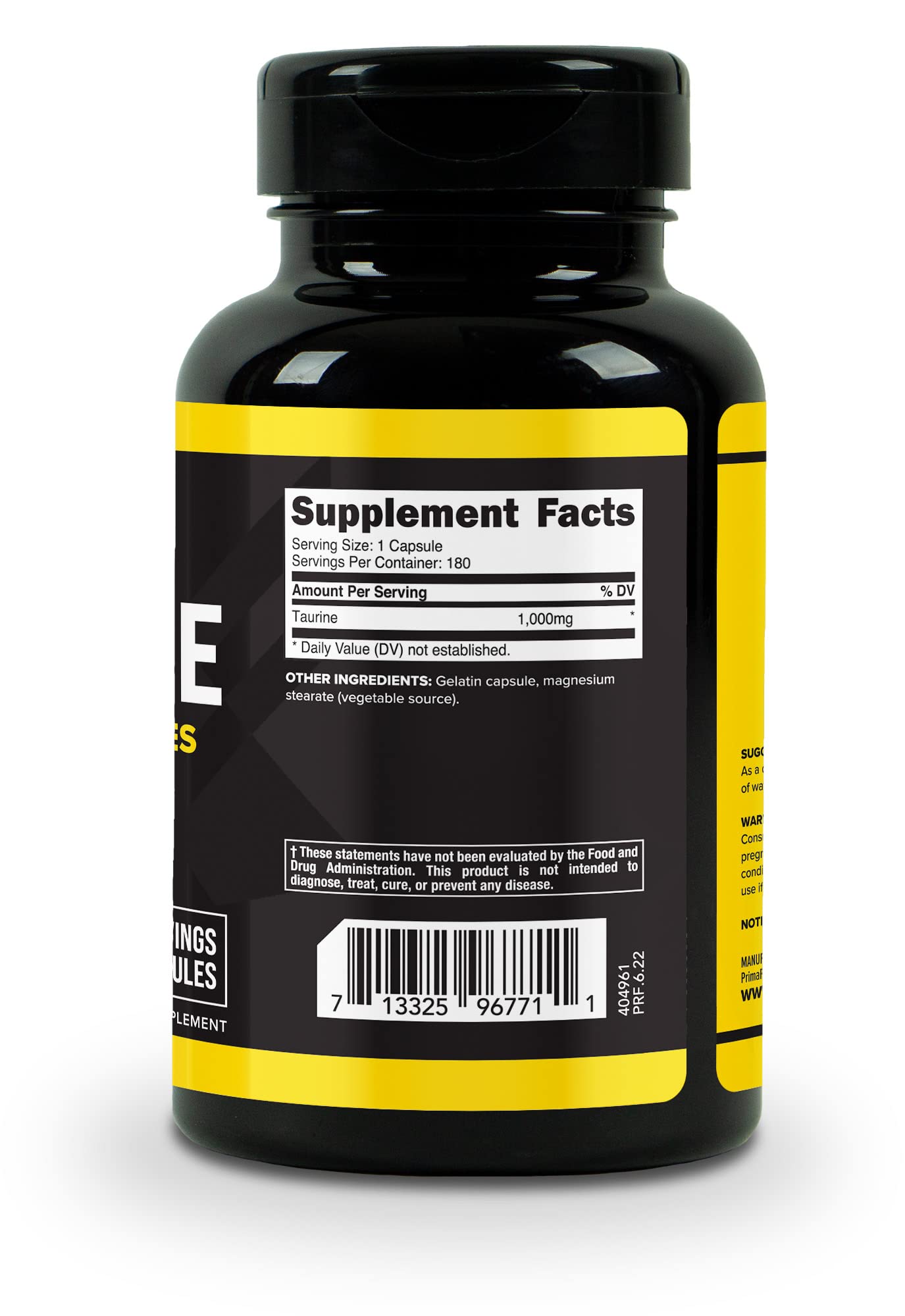 Primaforce Taurine 1000mg Capsules – 180 Count – Non-GMO & Gluten Free