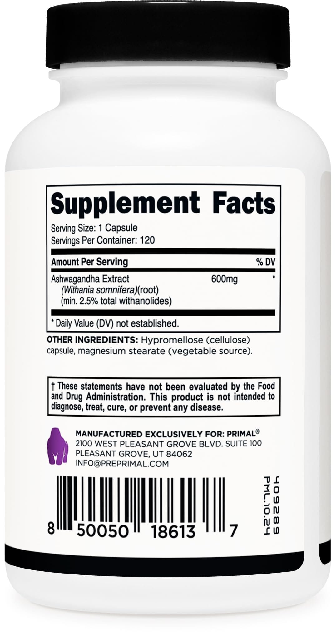 Primal Ashwagandha Root Extract 120 Capsules | 600mg per Serving | Gluten-Free & Non-GMO