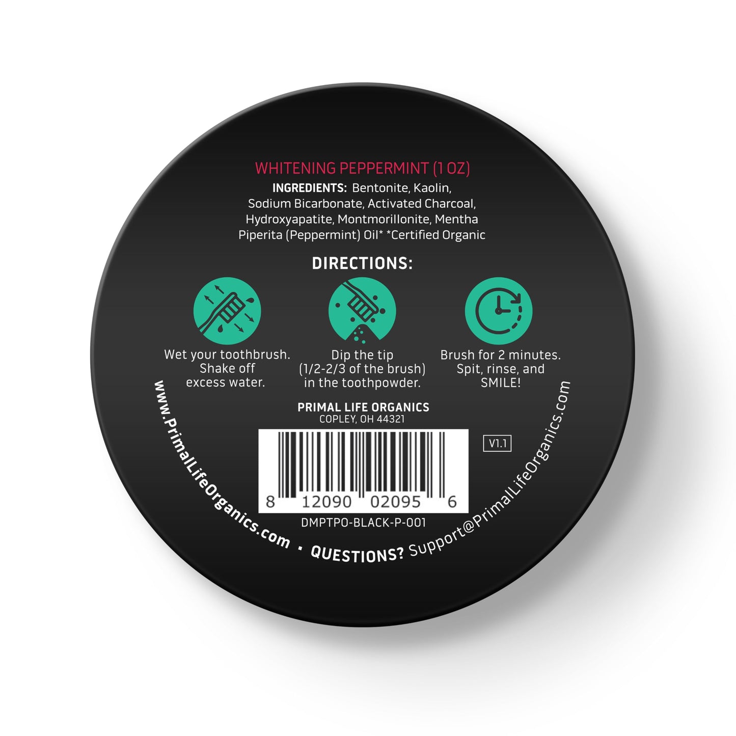 Primal Life Organics Dirty Mouth Toothpowder – Activated Charcoal with Kaolin & Bentonite Clay, Organic, Vegan, 1 oz (Black Peppermint) | 200+ Brushings