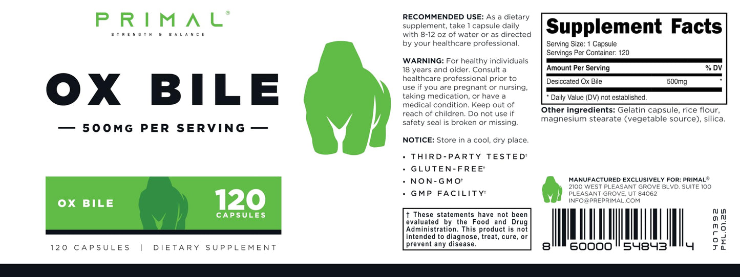 Primal Ox Bile - 120 Capsules | 500 mg per Serving | Gluten-Free & Non-GMO | Third-Party Tested