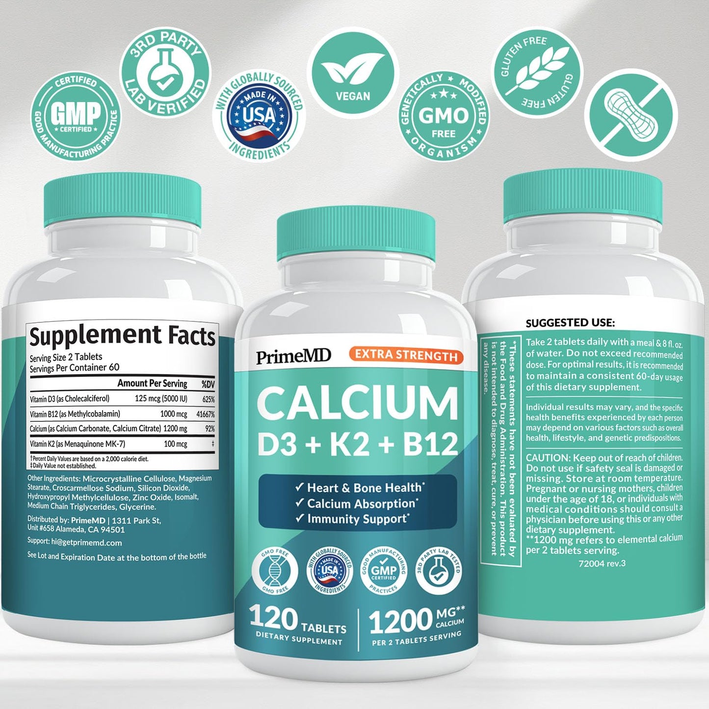 PrimeMD 4-in-1 Calcium 1200 mg with Vitamin D3 & K2 – Vegan Supplement (120 Count)