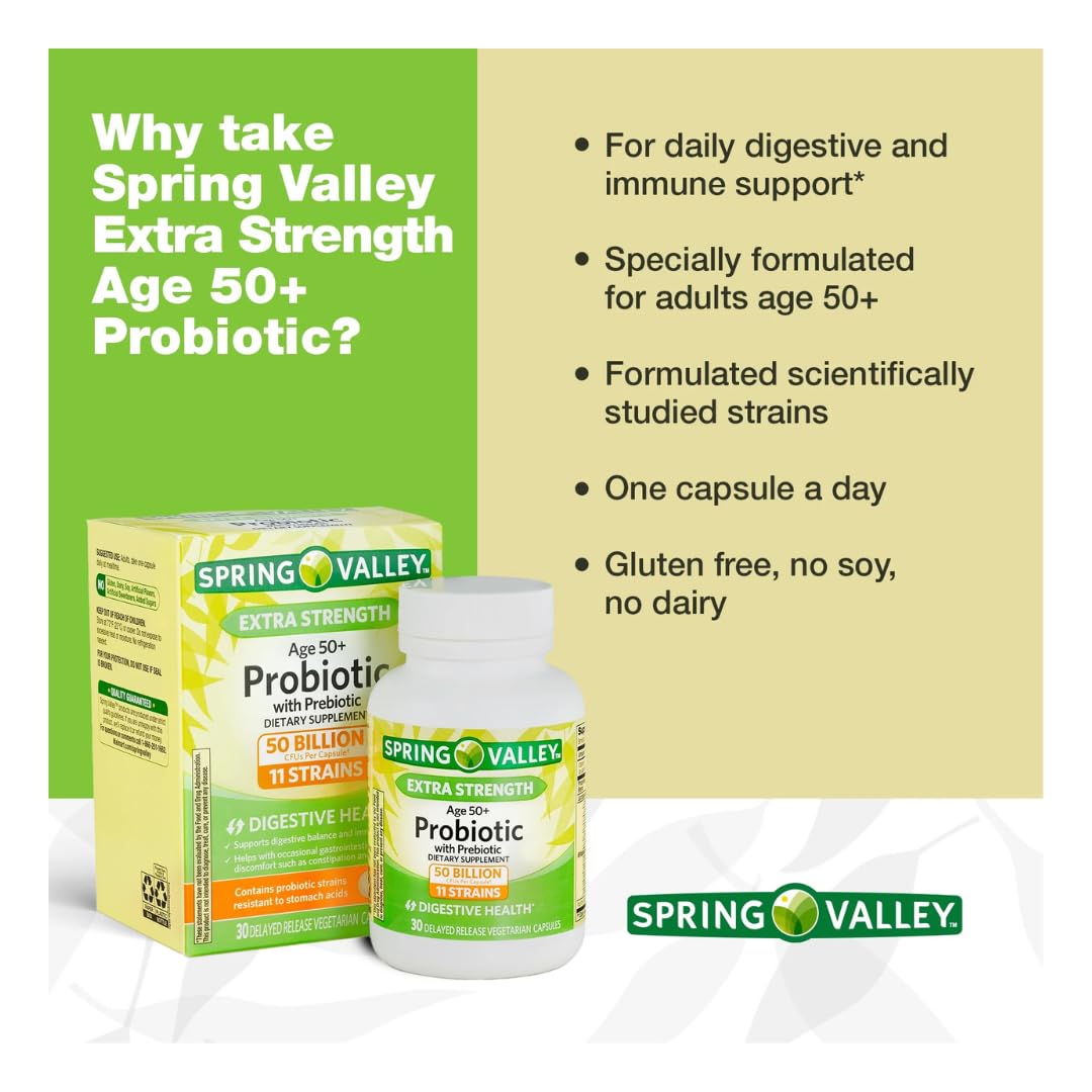 Spring Valley Age 50+ Probiotic + Prebiotic (30 Count) — Delayed-Release Vegetarian Capsules for Digestive Health | Gift Ice Roller