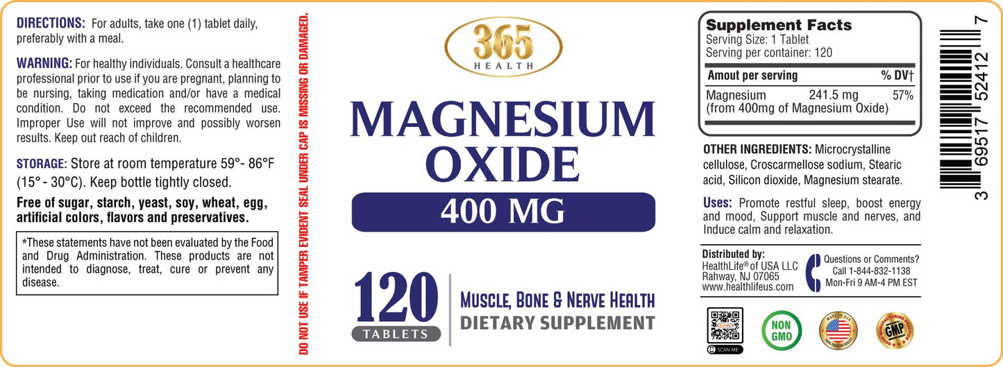 Magnesium 400mg High Potency – USA Made Magnesium Oxide, 120 Tablets
