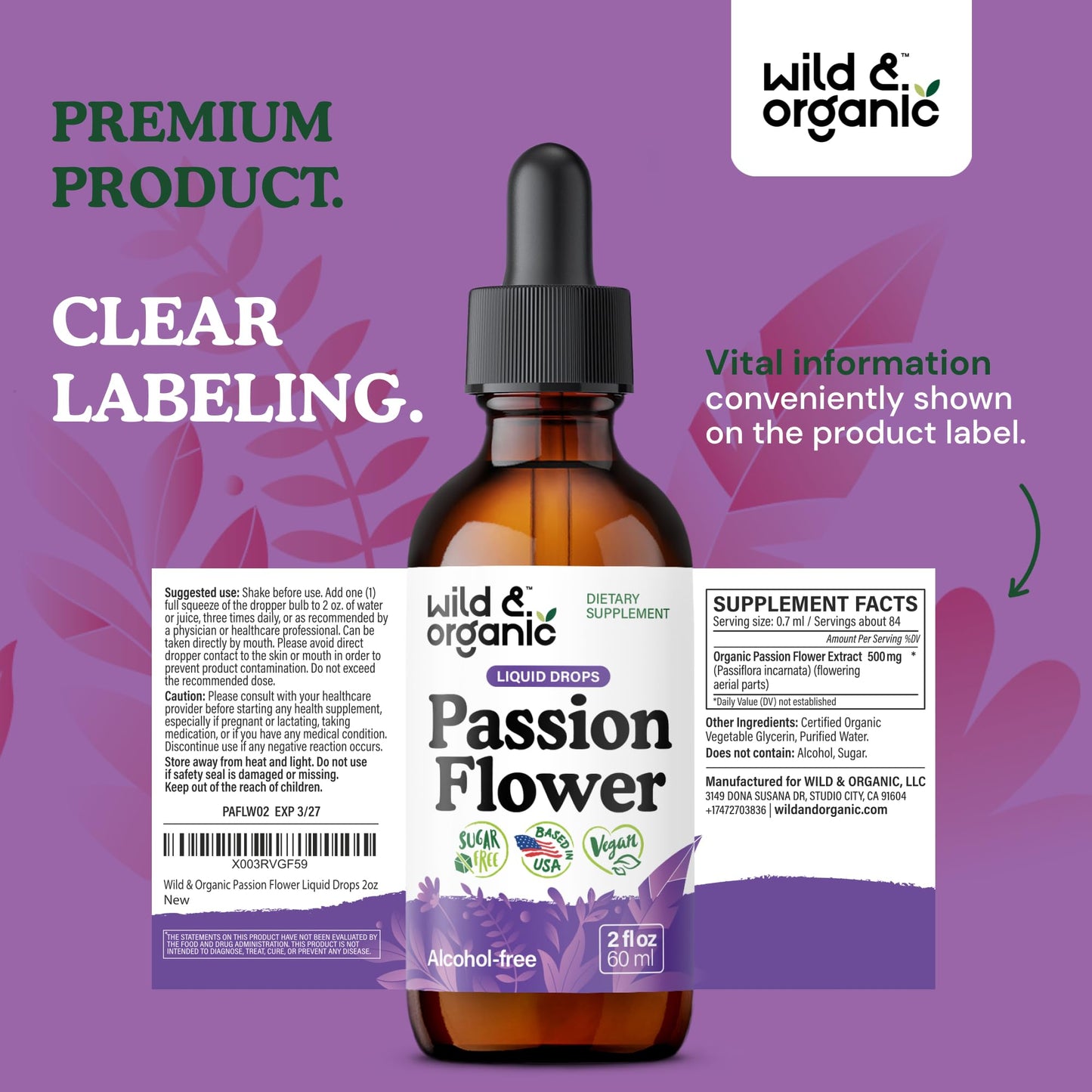 Wild & Organic Passionflower Tincture – 2 oz, Vegan & Alcohol-Free