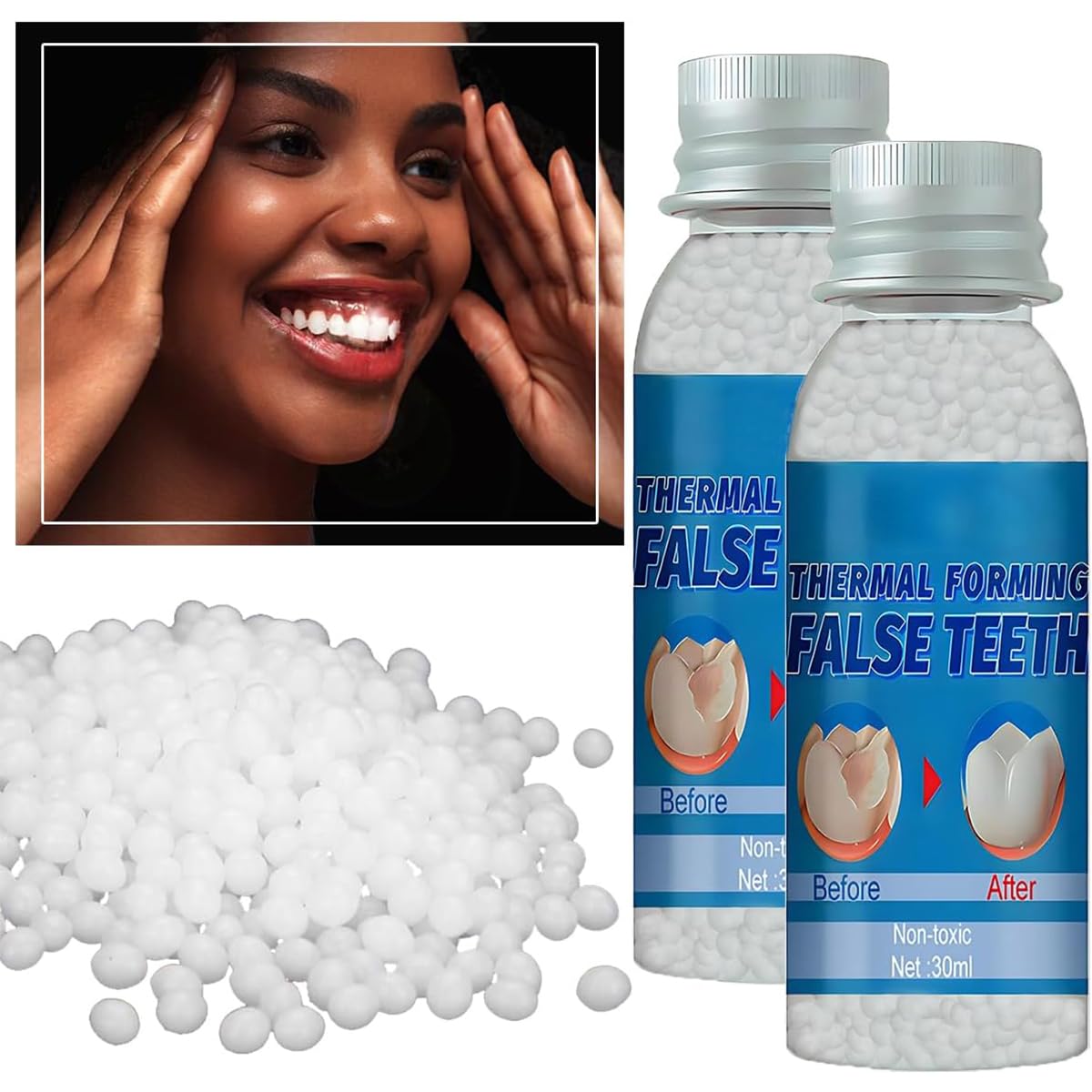 Provisional Tooth Repair Kit - Provisional Replacement Dentures DIY Heat Fit Beads (30ml, 2 Bottles) | Yuehao Beauty Supplies