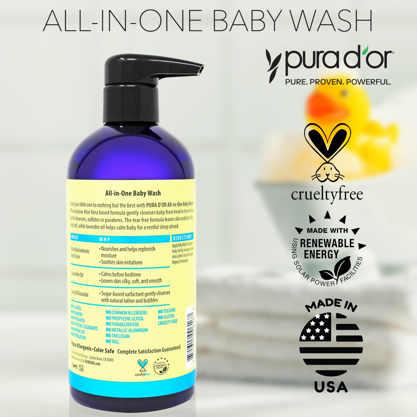 PURA D'OR All-in-One Baby Wash - Tear-Less, Hypoallergenic 2-in-1 Bath & Shampoo