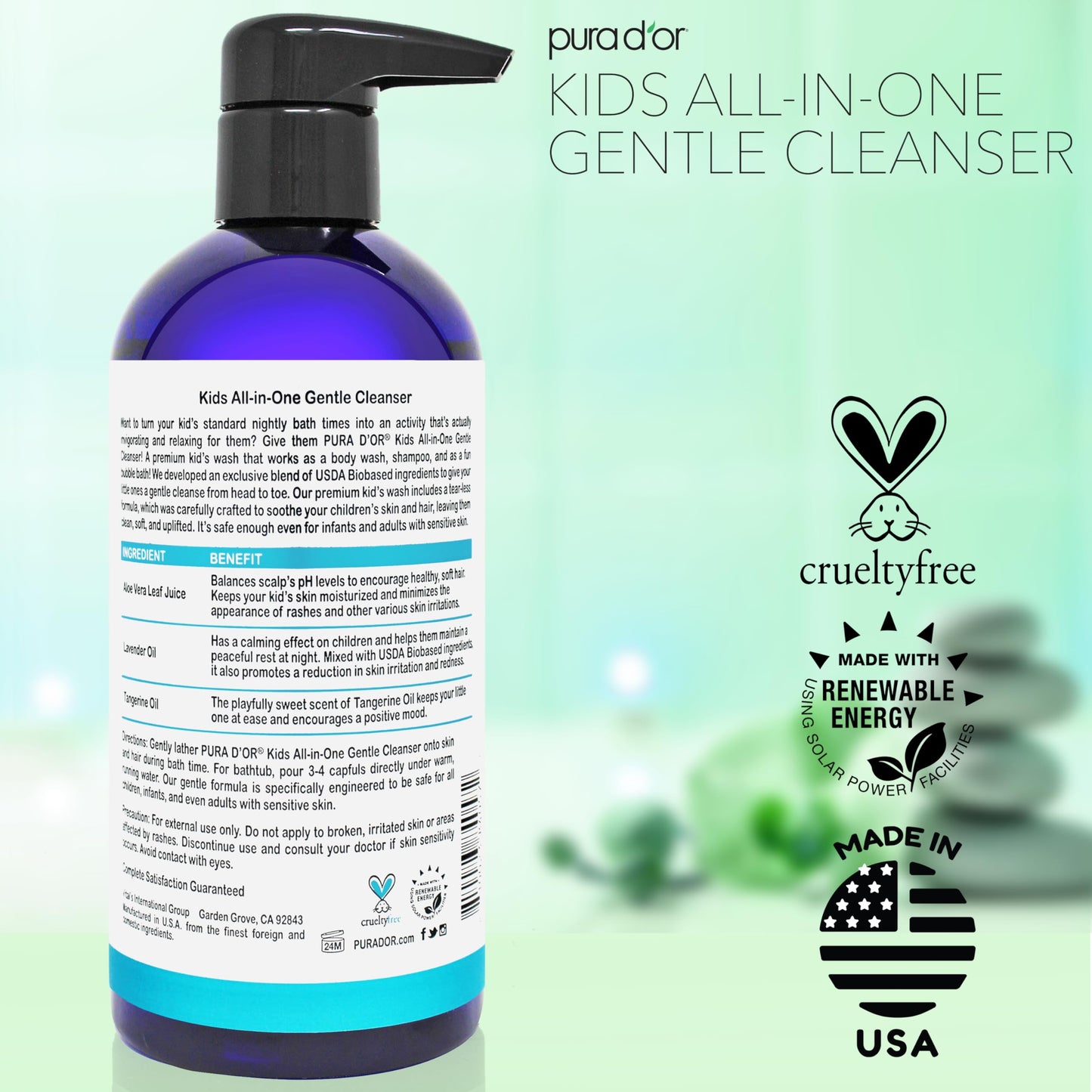 PURA D'OR Kids Wash All-in-One Gentle Cleanser - Tear-Free, Sulfate-Free, Hypoallergenic, 48oz