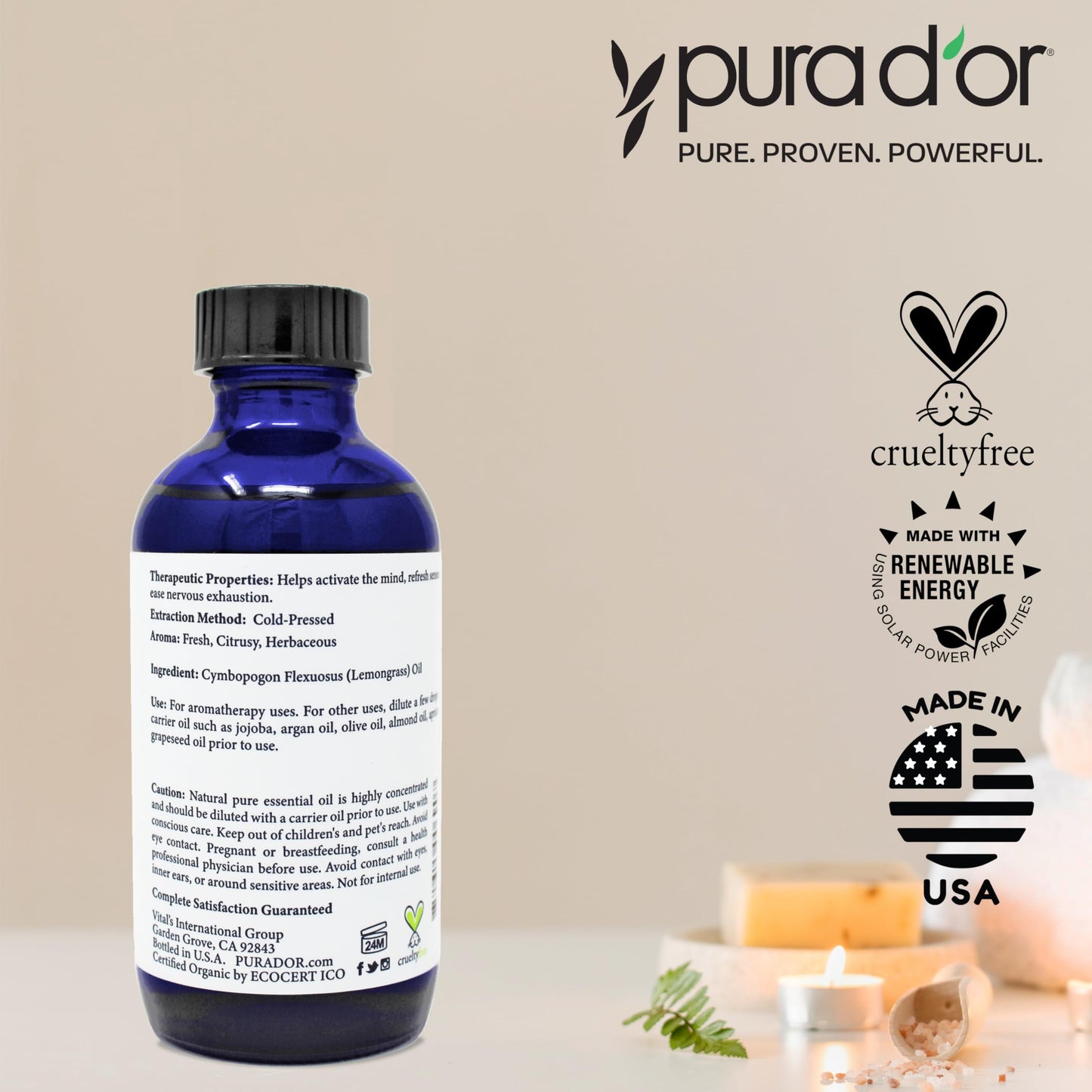 PURA D'OR Organic Lemongrass Essential Oil - 4oz | Therapeutic Grade