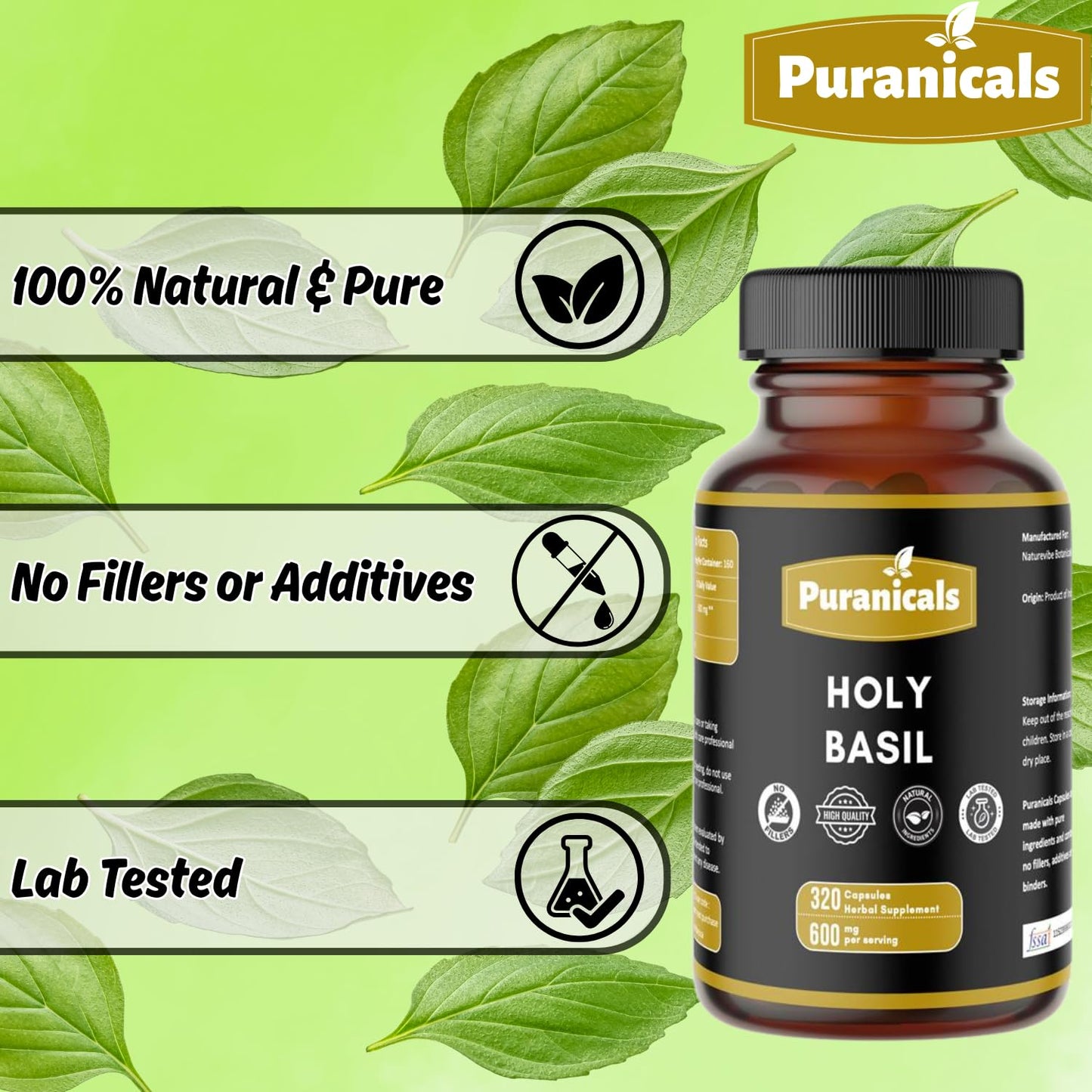 Puranicals Holy Basil Premium 320 Capsules – 600 mg per Serving | Non-GMO, Gluten-Free