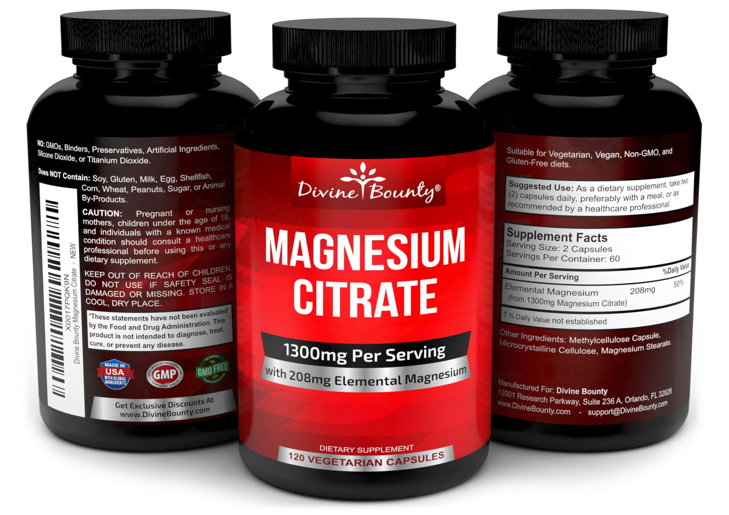 Pure Magnesium Citrate Capsules 1300mg - 120 Vegetarian Capsules