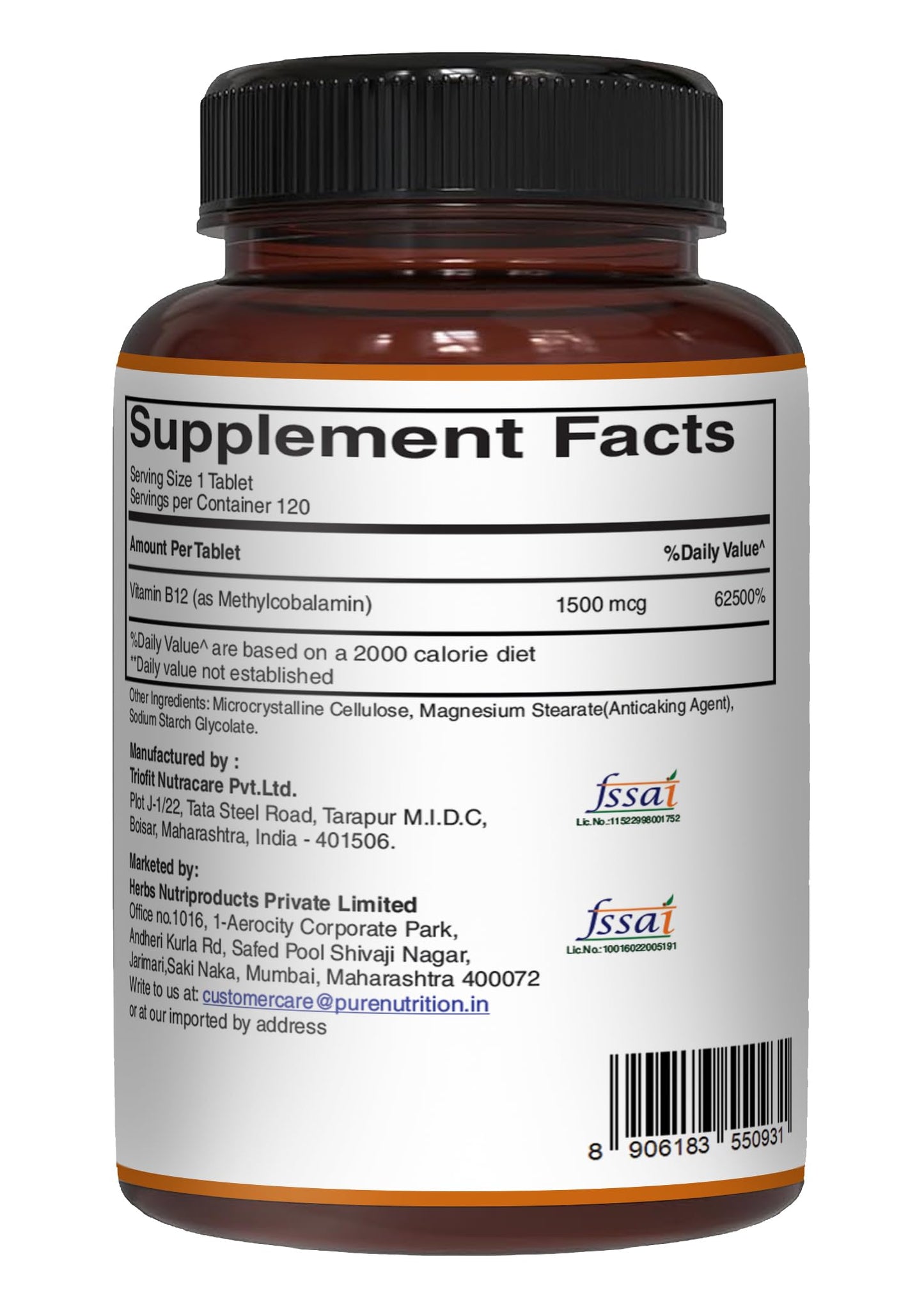 Pure Nutrition Vitamin B12 1500mcg Methylcobalamin | 120 Veg Tabs | Non-GMO