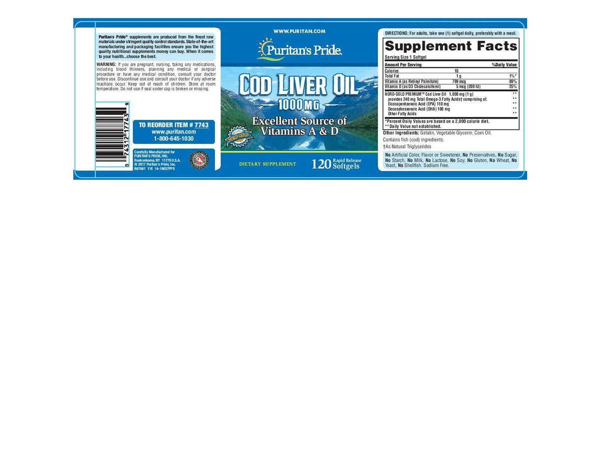 Puritans Pride Cod Liver Oil 1000 Mg, 120 Count - Discontinued BritishVita | Premium UK Vitamins & Wellness Supplements