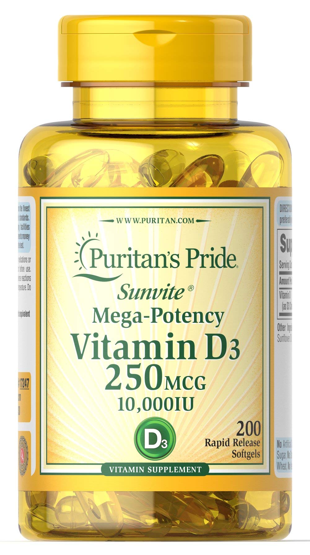 Puritan's Pride Vitamin D3 250 mcg (10,000 IU) Softgels – 200 Count (Discontinued)