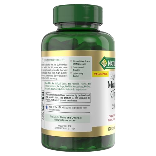 Nature’s Bounty Magnesium Glycinate 240 mg – 120 Capsules for Muscle, Heart, Bone & Nerve Health