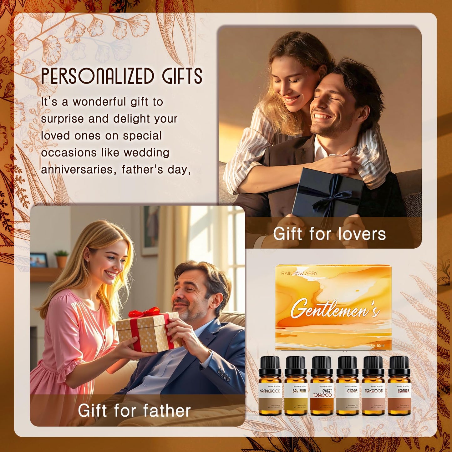 RAINBOW ABBY Gentlemen's Fragrance Oil Set - Leather, Bay Rum, Teakwood, Cedar, Sweet Tobacco & Sandalwood (6x10ML)