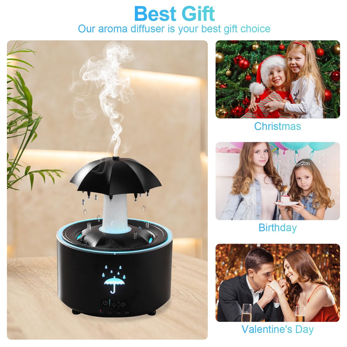 Raindrop Humidifier - Aromatherapy Diffuser, 300ml, 7-Color Night Light (Black)