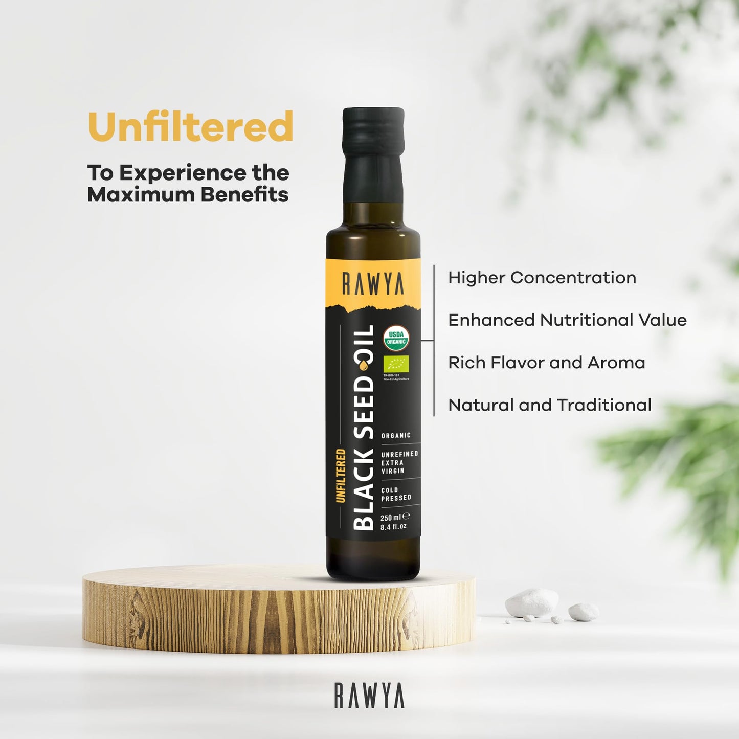 RAWYA Black Seed Oil - Organic Cold-Pressed Nigella Sativa (Turkish Origin) - USDA Organic - 2x250ml Glass
