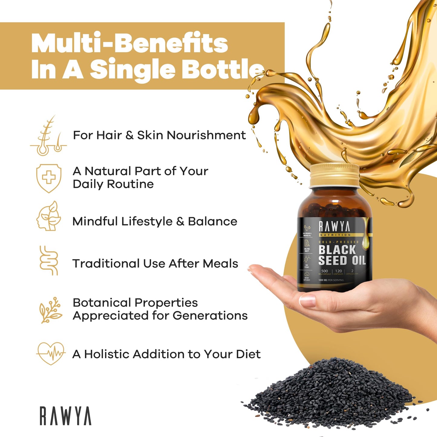 RAWYA Black Seed Oil Softgel Capsules - Halal, Premium Cold-Pressed Nigella Sativa, Non-GMO, 500mg per Capsule - 120 Count