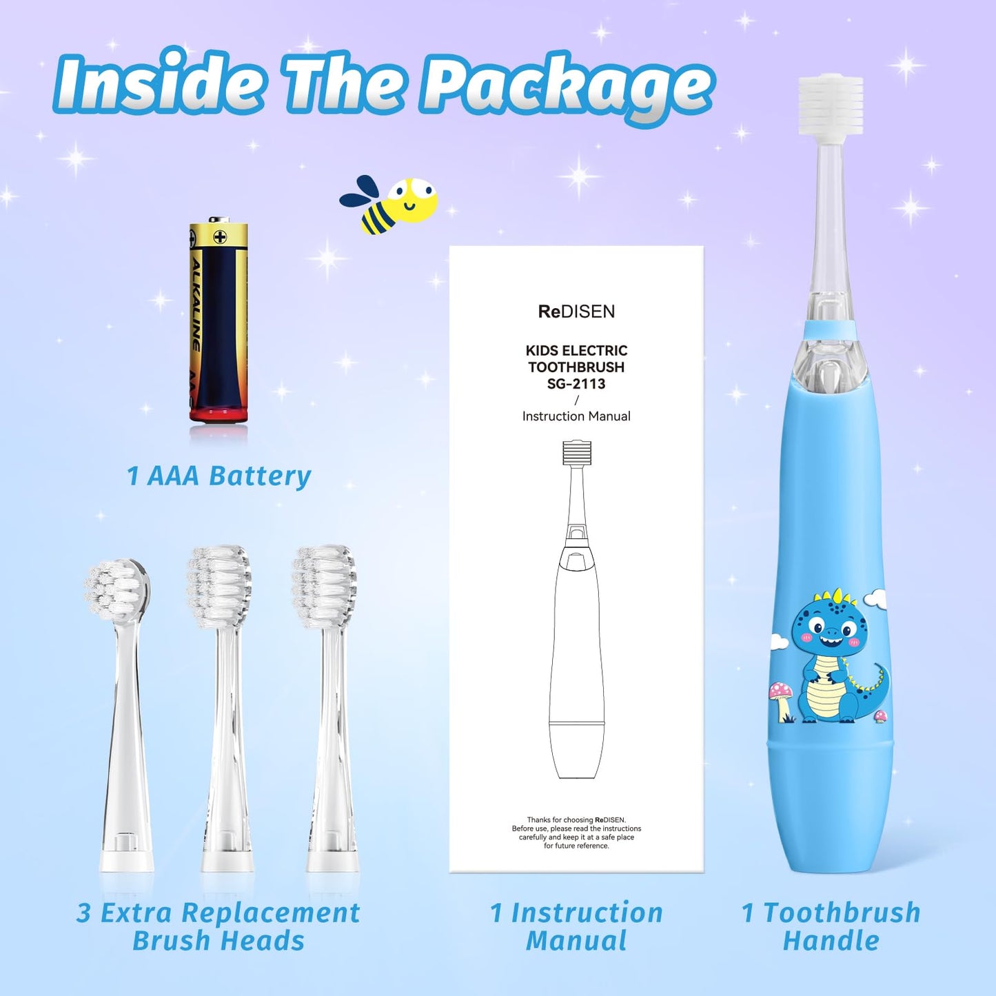 ReDISEN Kids Electric Toothbrush – Sonic for Toddlers | 2-Min Timer, Blue Dinosaur