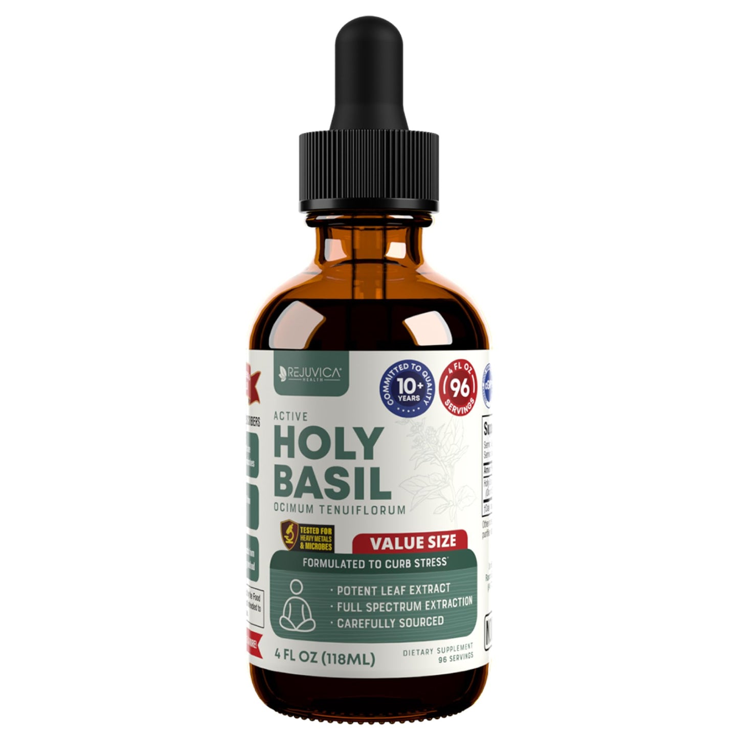 Rejuvica Health Active Holy Basil 4oz XL – Stress Support Liquid Extract (Vegan, Non-GMO)
