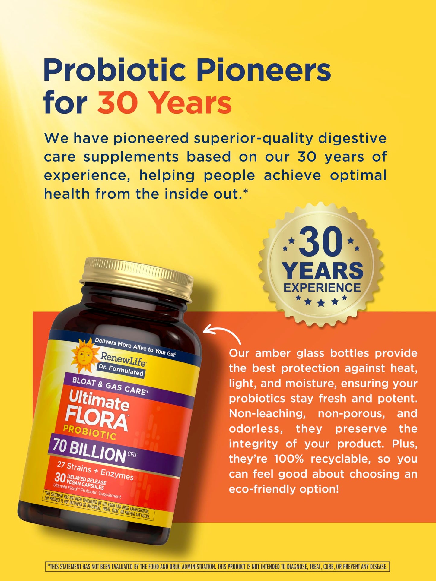 Renew Life Ultimate Flora Probiotics 70 Billion CFU – Gas & Bloat, Delayed Release Vegan Capsules (30 Count)