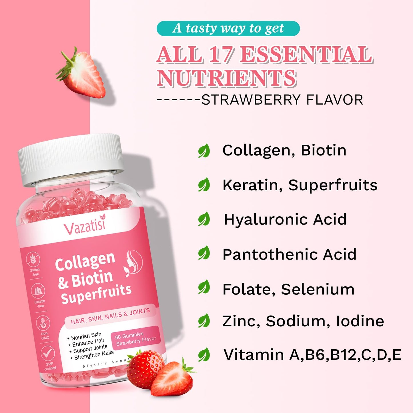 2 Pack Sugar Free Collagen Gummies for Women and Men – Multi-Collagen I-V X, Biotin, Strawberry 120 Count