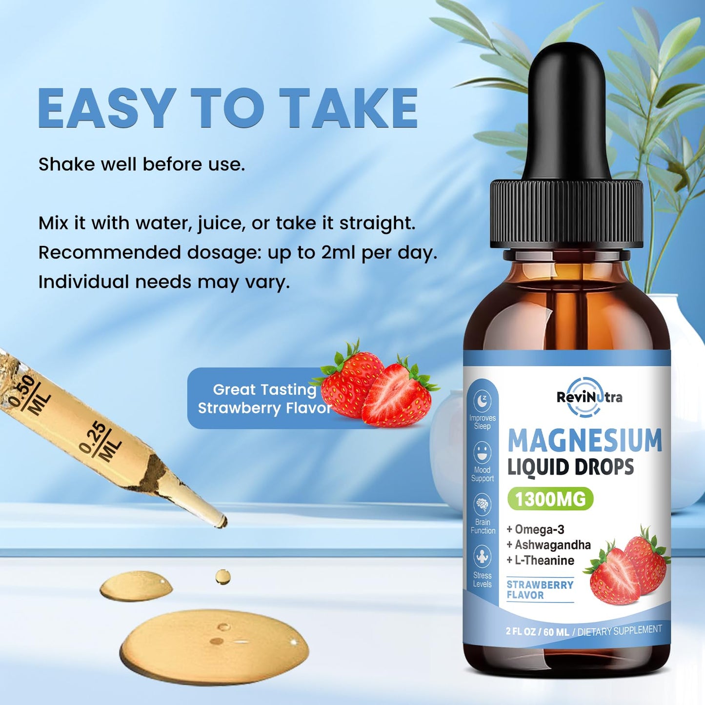 ReviNutra 2 Pack Liquid Magnesium Drops – Glycinate, Taurate & Citrate (Sugar-Free Strawberry)