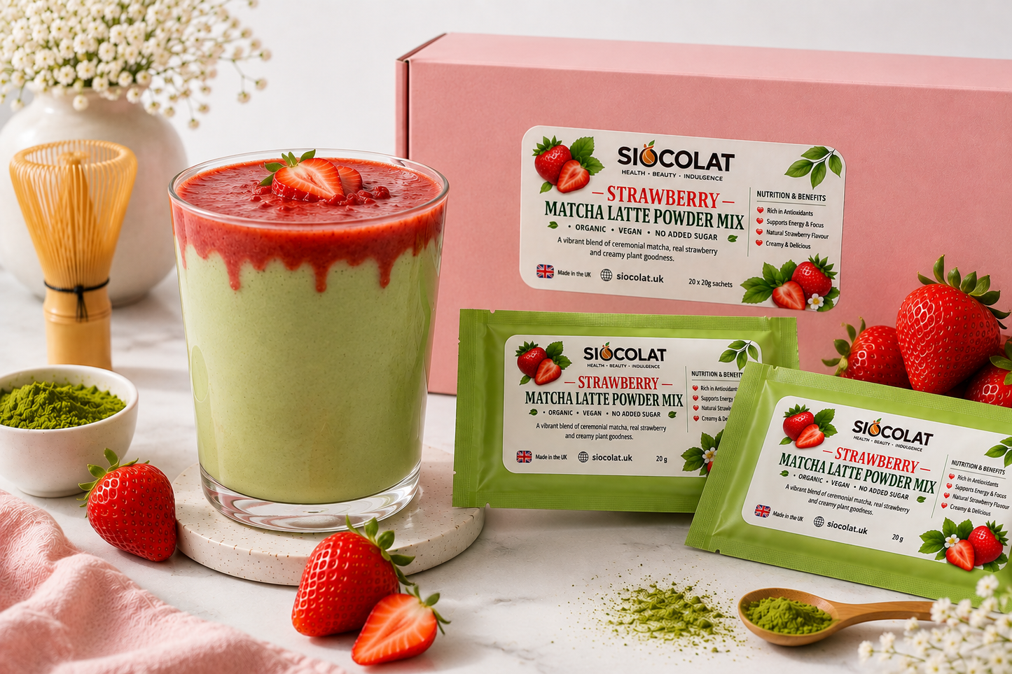 Strawberry Matcha Latte Powder – Vegan & No Added Sugar | Siocolat