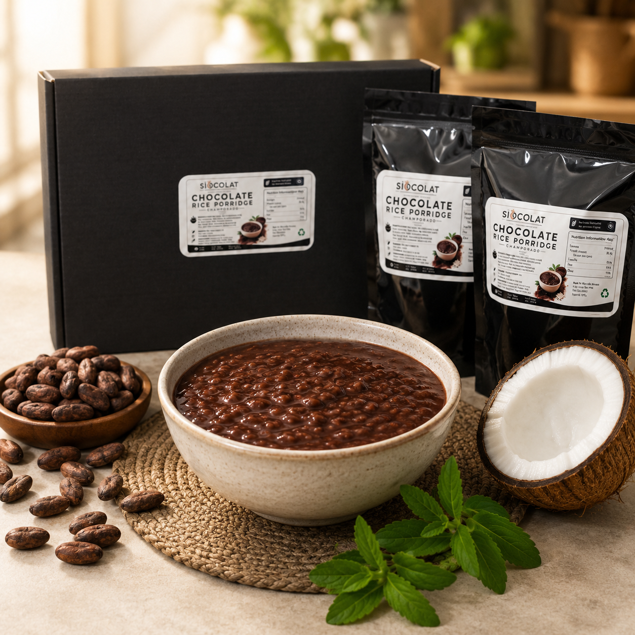 Siocolat Chocolate Rice Porridge (Champorado) – No Added Sugar, Vegan – 4 Single-Serve Sachets per Box