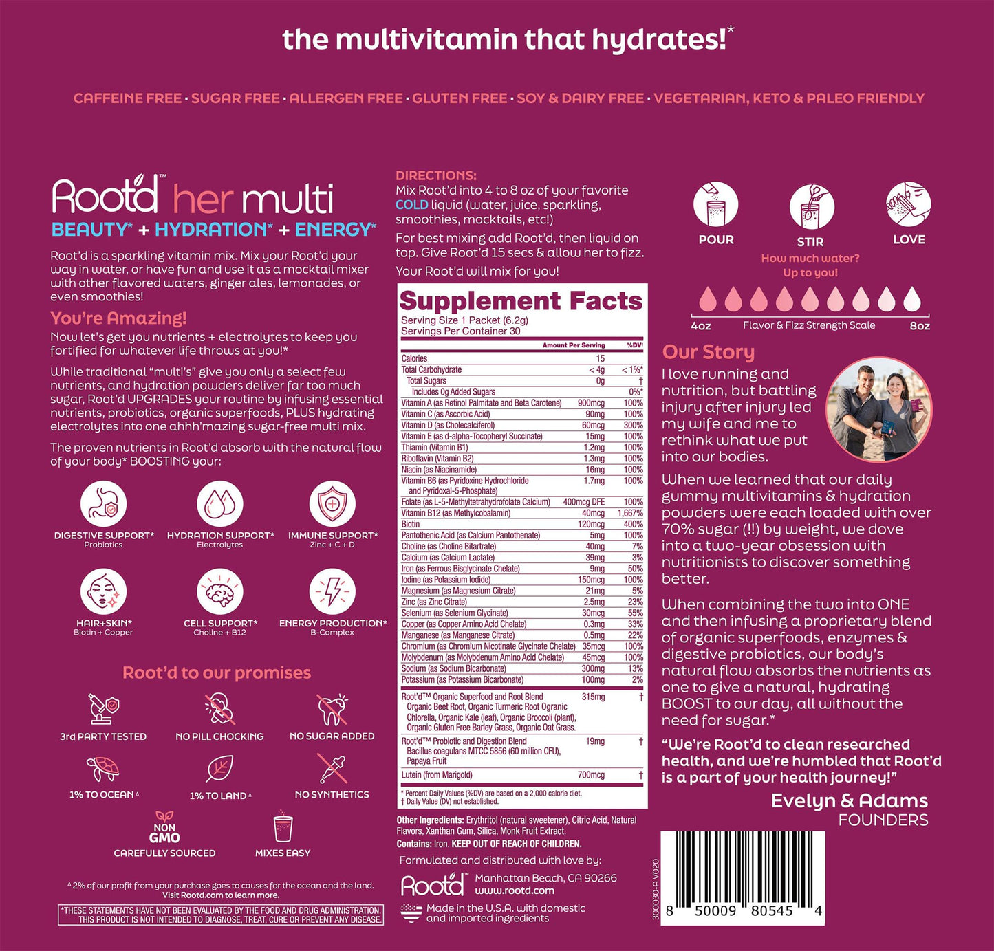 Root'd Multivitamin Powder for Women – 25 Vitamins & 3x Electrolytes | 9 Organic Superfoods | Sugar-Free Hydration | 30 Packets
