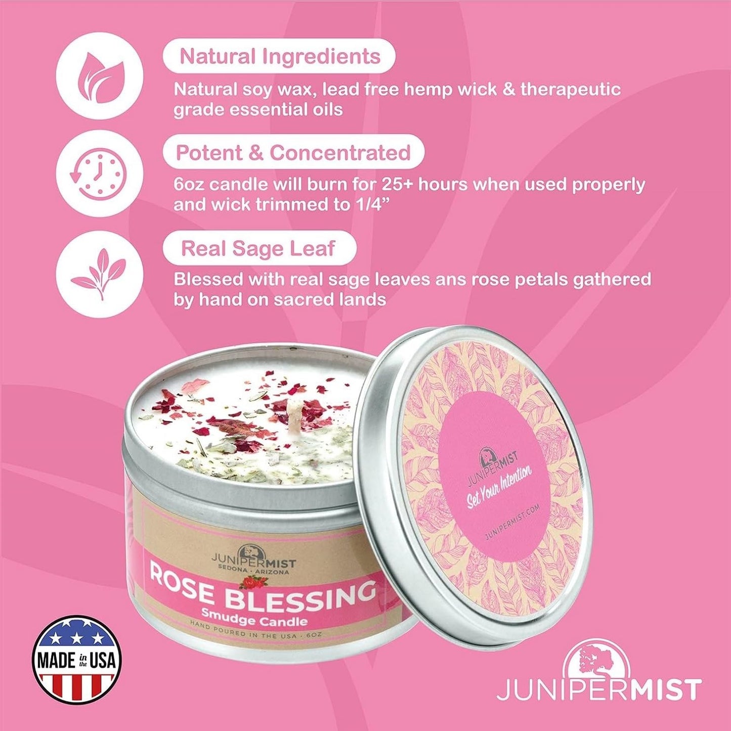 Rose Smudge Candle (6oz) – Love, Healing & Protection | Sage & Essential Oils | USA Made