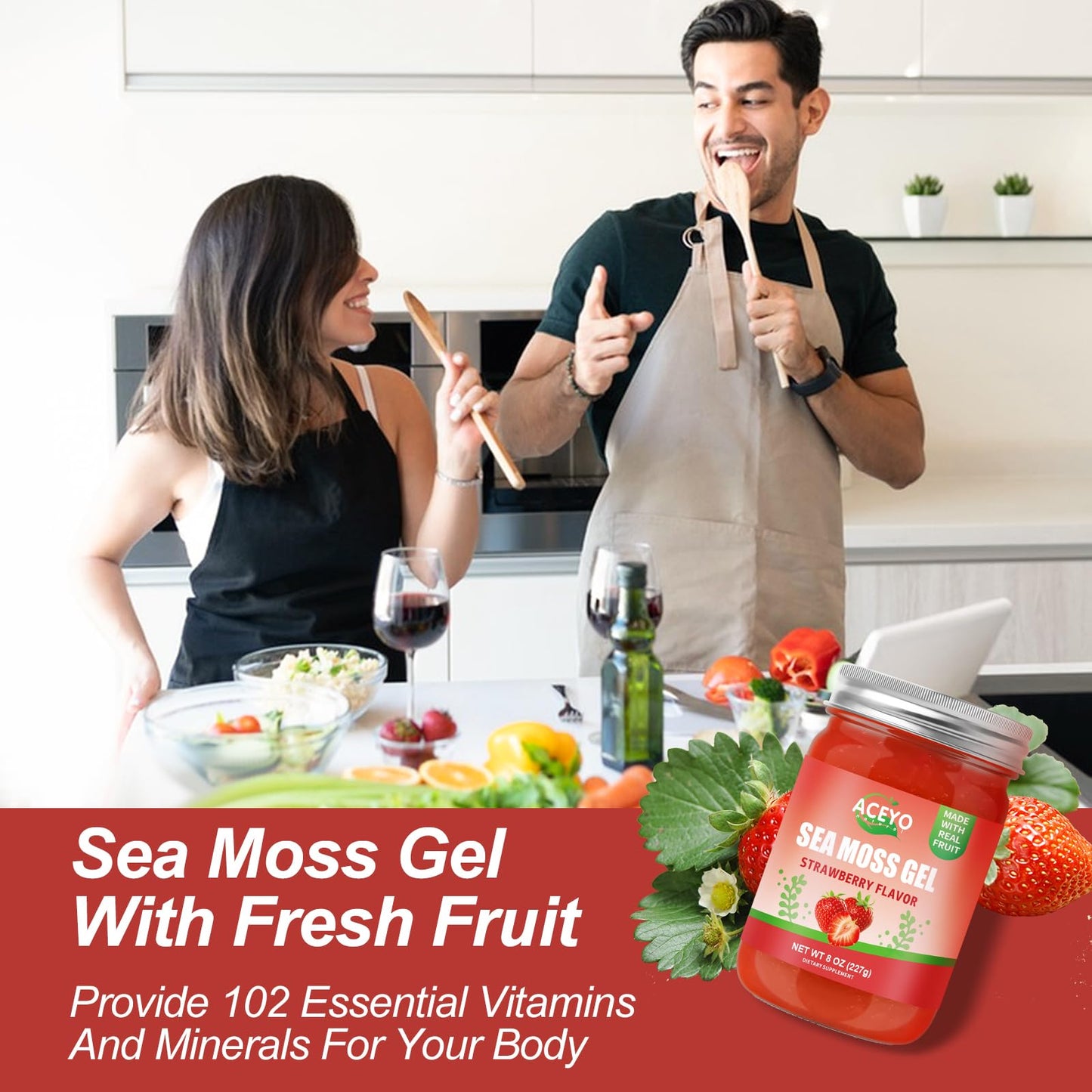8 oz Natural Sea Moss Gel - Strawberry Flavor | Vegan, Non-GMO, 102 Vitamins