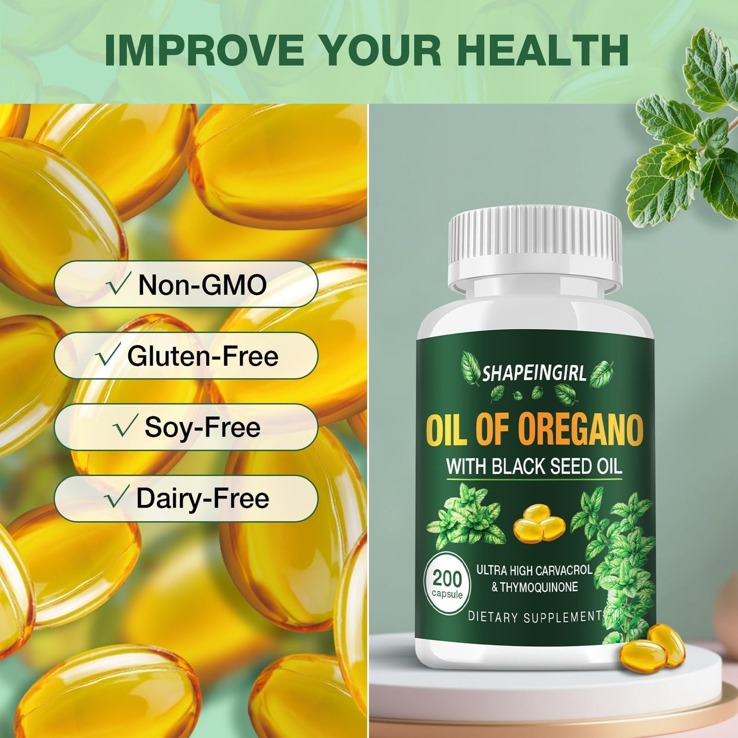 SHAPEINGIRL Oil of Oregano with Black Seed Oil – Organic Oregano Oil Supplement, 400 Softgels, High Potency Carvacrol & Thymoquinone, Non-GMO, Immune Support, Digestive & Respiratory Health