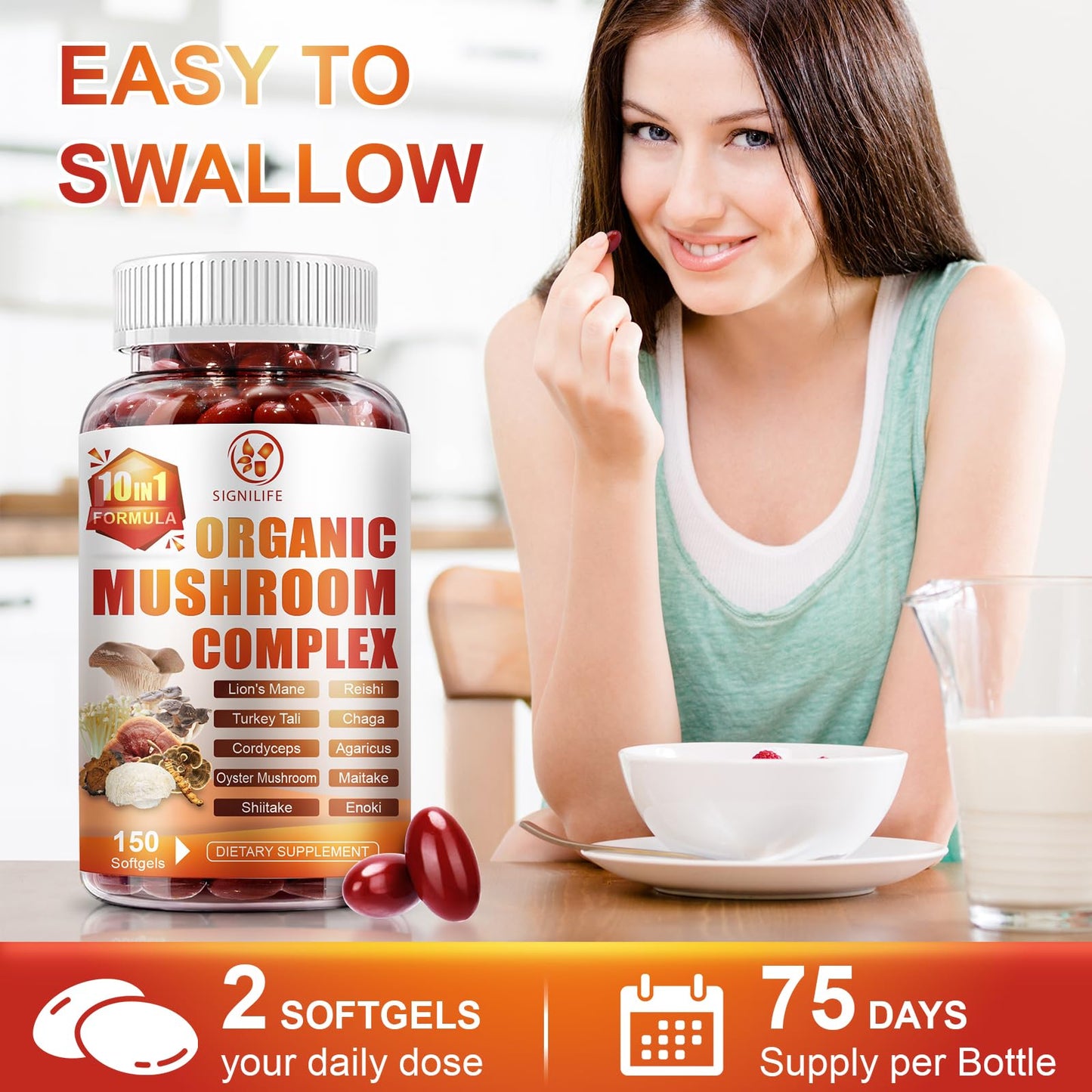 SIGNILIFE 10 in 1 Lion's Mane Mushroom Supplement – Memory & Focus – 150 Softgels